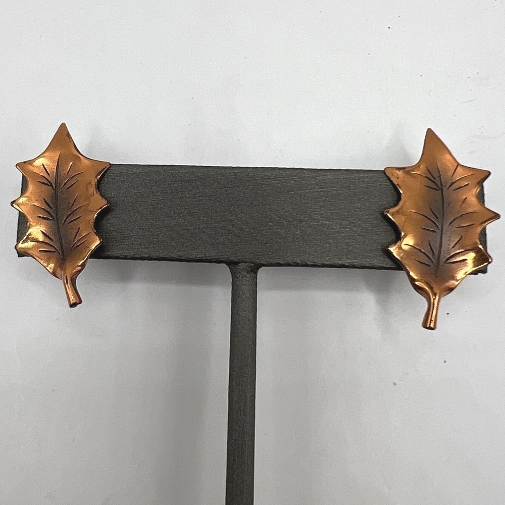 Vintage Copper Tone Leaf Earrings Sterling Screw Back Drop Dangle‎